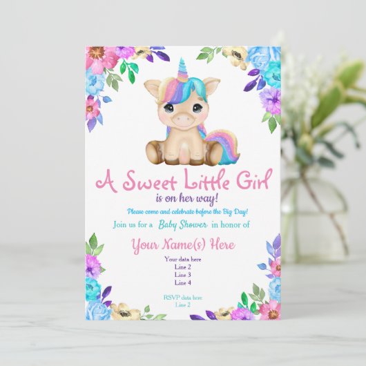 ユニコーン赤ちゃんシャワー招待,フローラ招待状 招待状 (スタンド正面)