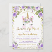 ユニコーン赤ちゃんシャワーbyメール金ゴールド紫フローラ 招待状 (正面)