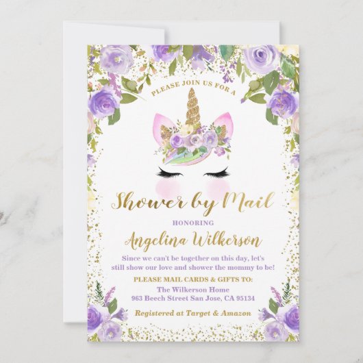 ユニコーン赤ちゃんシャワーbyメール金ゴールド紫フローラ 招待状 (正面)