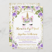 ユニコーン赤ちゃんシャワーbyメール金ゴールド紫フローラ 招待状 (正面/裏面)