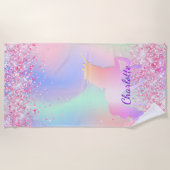 ユニコーン赤面ピンクパープルグリッター名女 ビーチタオル (正面)