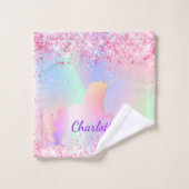 ユニコーン赤面ピンクパープルネームガール バスタオルセット (ウォッシュタオル)