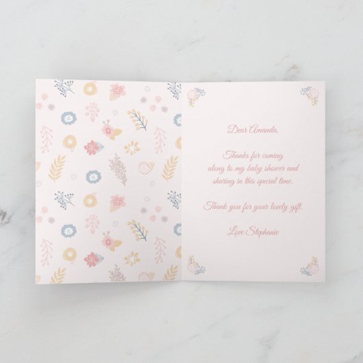 ユニコーン赤面花模様ベビーシャワーパーソナライズされた サンキューカード (内部)