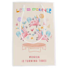 ユニコーン跳び跳ねる子供の誕生日 ミディアムペーパーバッグ