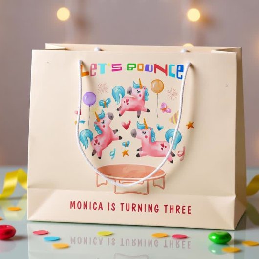 ユニコーン跳び跳ねる子供の誕生日 ラージペーパーバッグ