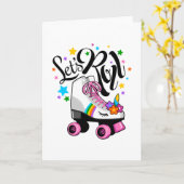 ユニコーン転がローラーは女子のTシャツをスケートしよう。 カード (黄色い花)