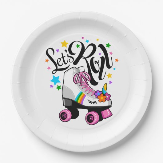 ユニコーン転がローラーは女子のTシャツをスケートしよう。 ペーパープレート (正面)