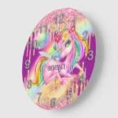 ユニコーン輝く女の子ピンクDIY NAMEルームデコール ラージ壁時計 (傾斜)