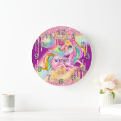 ユニコーン輝く女の子ピンクDIY NAMEルームデコール ラージ壁時計 (ホーム)