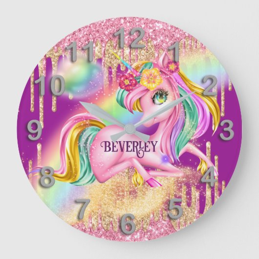 ユニコーン輝く女の子ピンクDIY NAMEルームデコール ラージ壁時計 (正面)
