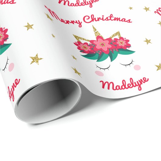 ユニコーン金ゴールドグリッタースターズパーソナライズされたクリスマス ラッピングペーパー (ロールコーナー)