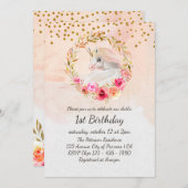 ユニコーン金ゴールドグリッターピンクベビーガールファースト誕生日 招待状 (正面/裏面)