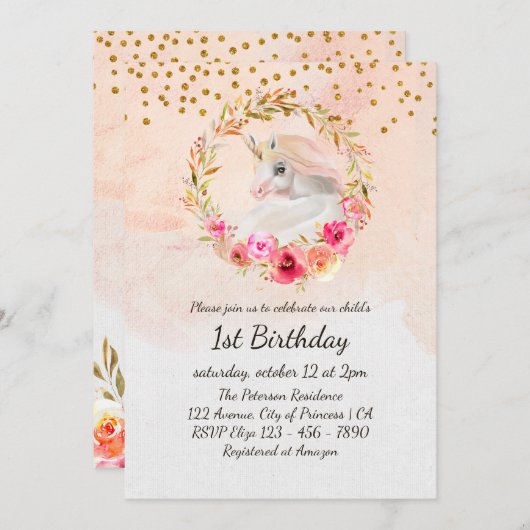 ユニコーン金ゴールドグリッターピンクベビーガールファースト誕生日 招待状 (正面/裏面)