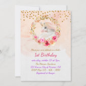 ユニコーン金ゴールドグリッターピンクベビーガールファースト誕生日 招待状 (正面)