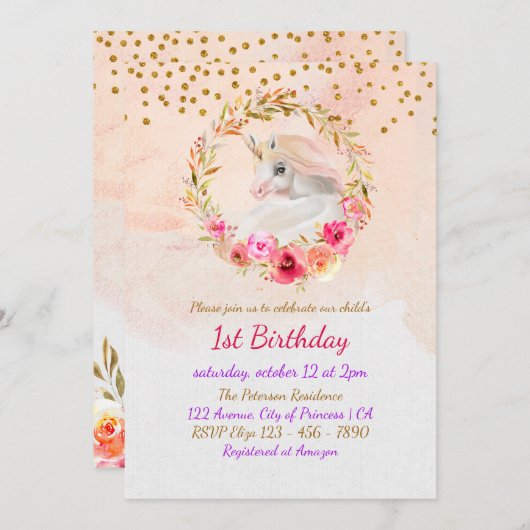 ユニコーン金ゴールドグリッターピンクベビーガールファースト誕生日 招待状 (正面/裏面)