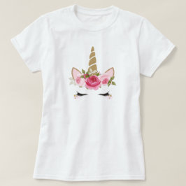ユニコーン金ゴールドピンクフローラかわいいガーリートレンディーTシャツ Tシャツ