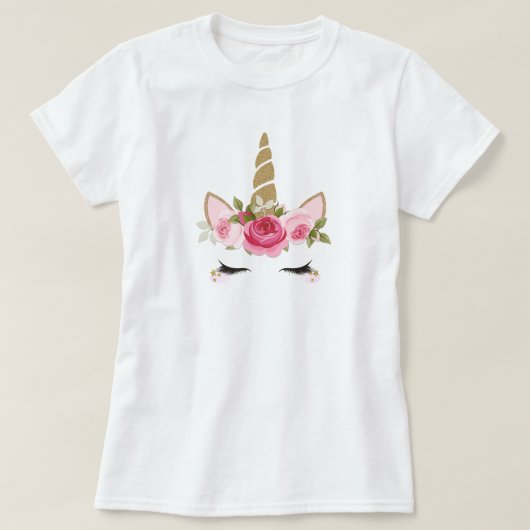 ユニコーン金ゴールドピンクフローラかわいいガーリートレンディーTシャツ Tシャツ (デザイン正面)