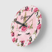ユニコーン金ゴールドピンクフローラバラトレンディーベッドルーム  ラウンド壁時計 (傾斜)