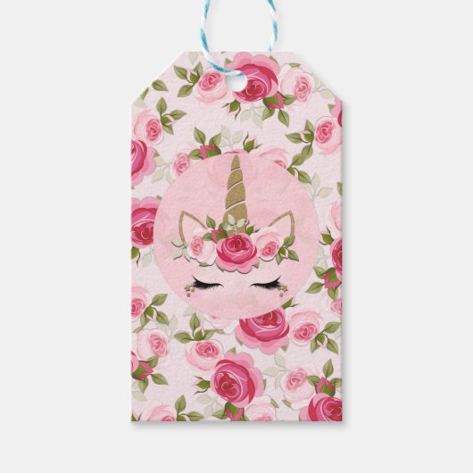ユニコーン金ゴールドピンクフローラバラ誕生日パーティー ギフトタグ (正面)