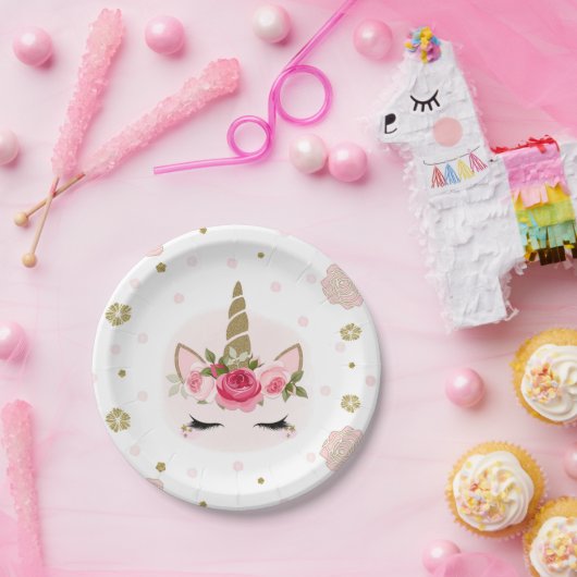ユニコーン金ゴールドピンクフローラ開花かわいいトレンディーパーティー ペーパープレート (パーティー)