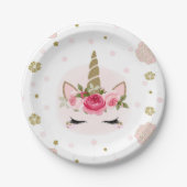 ユニコーン金ゴールドピンクフローラ開花かわいいトレンディーパーティー ペーパープレート (正面)