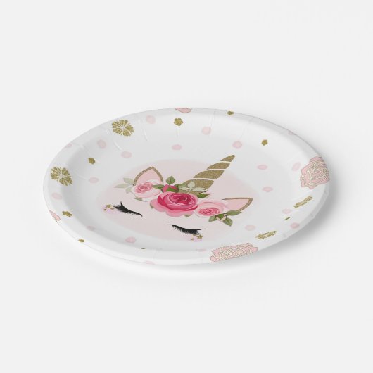 ユニコーン金ゴールドピンクフローラ開花かわいいトレンディーパーティー ペーパープレート (アングル)