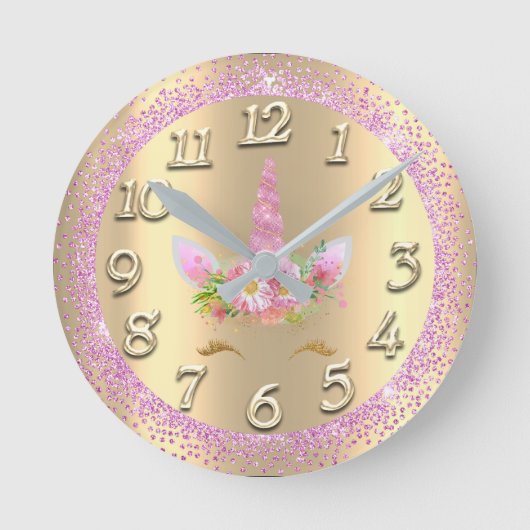 ユニコーン金ゴールドラッシュクリスタルガーリーグリッターピンクスパーク ラウンド壁時計 (正面)