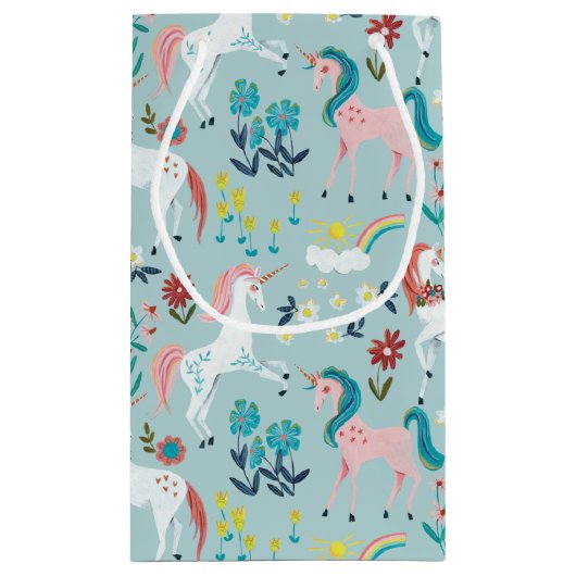 ユニコーン青かわいい魔法の女の子の最初の誕生日のwra スモールペーパーバッグ (裏面)