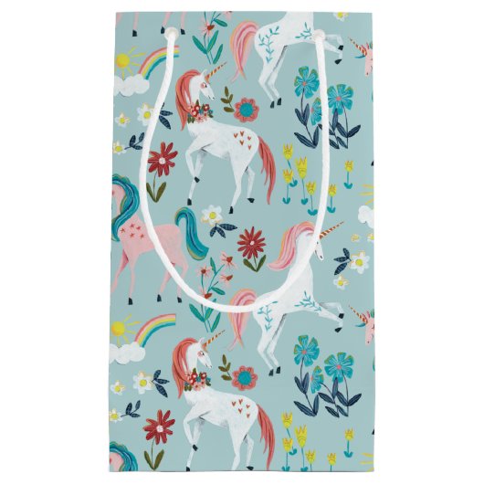 ユニコーン青かわいい魔法の女の子の最初の誕生日のwra スモールペーパーバッグ (正面)