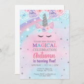 ユニコーン青ピンクパープルシルバーの誕生日招待状。 招待状 (正面/裏面)