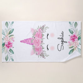 ユニコーン顔と花 ビーチタオル