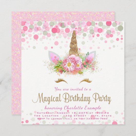 ユニコーン顔ガールズバースデーパーティー招待状 招待状 (正面/裏面)