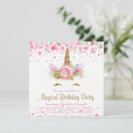 ユニコーン顔ガールズバースデーパーティー招待状 招待状 (スタンド正面)