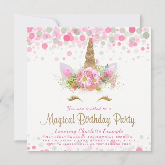 ユニコーン顔ガールズバースデーパーティー招待状 招待状 (正面)