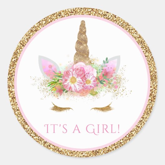 ユニコーン顔ガールズユニコーン赤ちゃんシャワーステッカー ラウンドシール (正面)