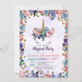 ユニコーン顔グリッターフローラ誕生日招待状 招待状 (正面)