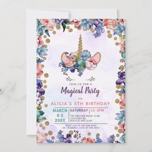 ユニコーン顔グリッターフローラ誕生日招待状 招待状 (正面)
