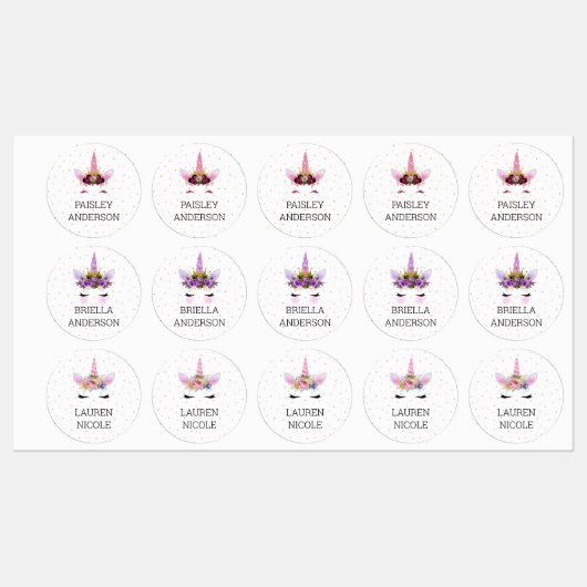 ユニコーン顔バラエティ名ステッカー ラベル (シート)