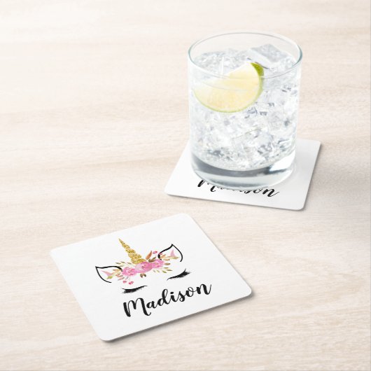 ユニコーン顔パーソナライズされた名 スクエアペーパーコースター (インサイチュ)