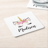 ユニコーン顔パーソナライズされた名 スクエアペーパーコースター (アングル)