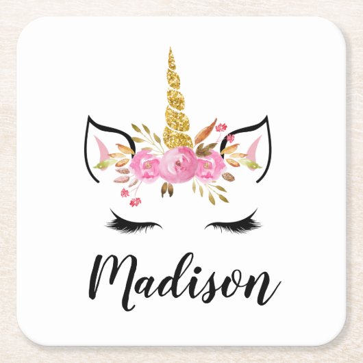 ユニコーン顔パーソナライズされた名 スクエアペーパーコースター (正面)