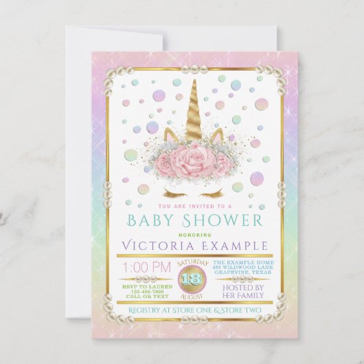 ユニコーン顔パールユニコーンベビーシャワー招待状 招待状 (正面)