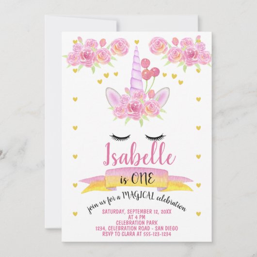 ユニコーン顔ピンクウォーターカラー花模様誕生日 招待状 (正面)