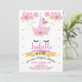 ユニコーン顔ピンクウォーターカラー花模様誕生日 招待状 (スタンド正面)