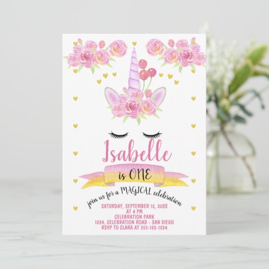ユニコーン顔ピンクウォーターカラー花模様誕生日 招待状 (スタンド正面)