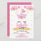 ユニコーン顔ピンクウォーターカラー花模様誕生日 招待状 (正面/裏面)