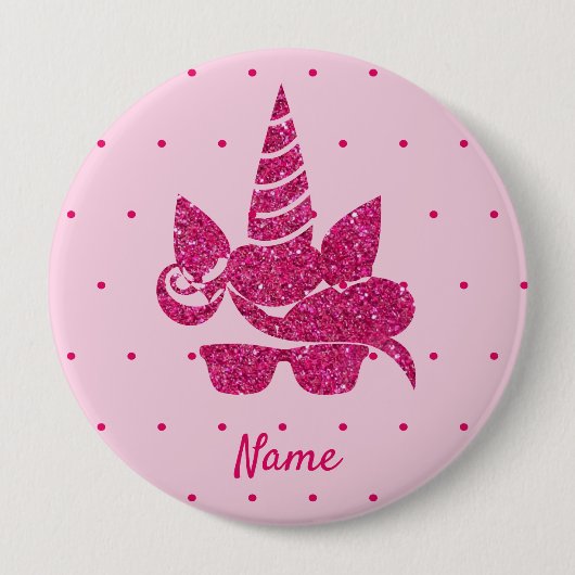 ユニコーン顔ピンクグリッターガーリーキッズ 缶バッジ (正面)
