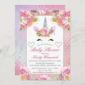 ユニコーン顔ピンクシルバーベイビーシャワー 招待状 (正面/裏面)