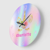 ユニコーン顔ピンクパープルホログラフィック名ガール ラージ壁時計 (傾斜)