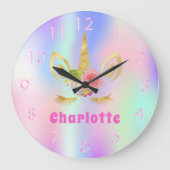 ユニコーン顔ピンクパープルホログラフィック名ガール ラージ壁時計 (正面)